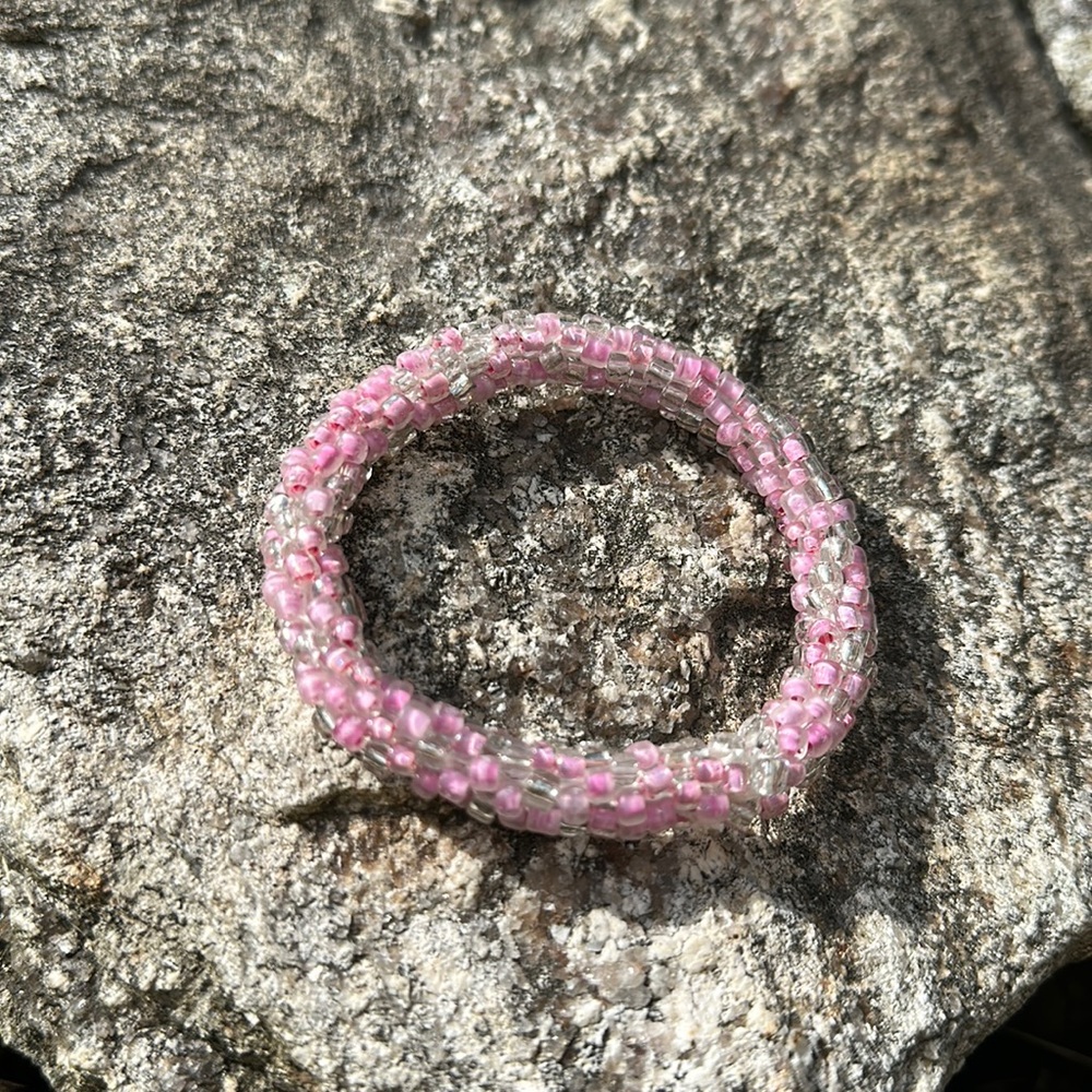 Pink & clear crocheted bracelet